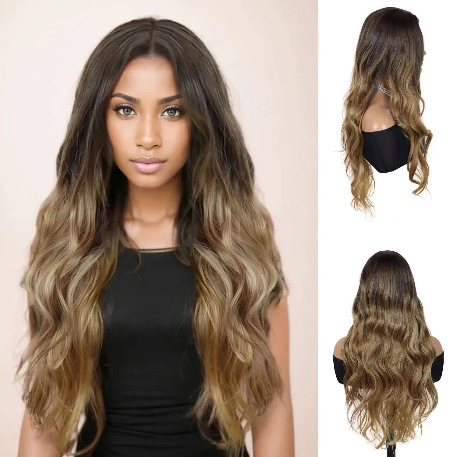 GNIMEGIL Длинные вьющиеся парики для женщин Модный коричневый парик с омбре боковой