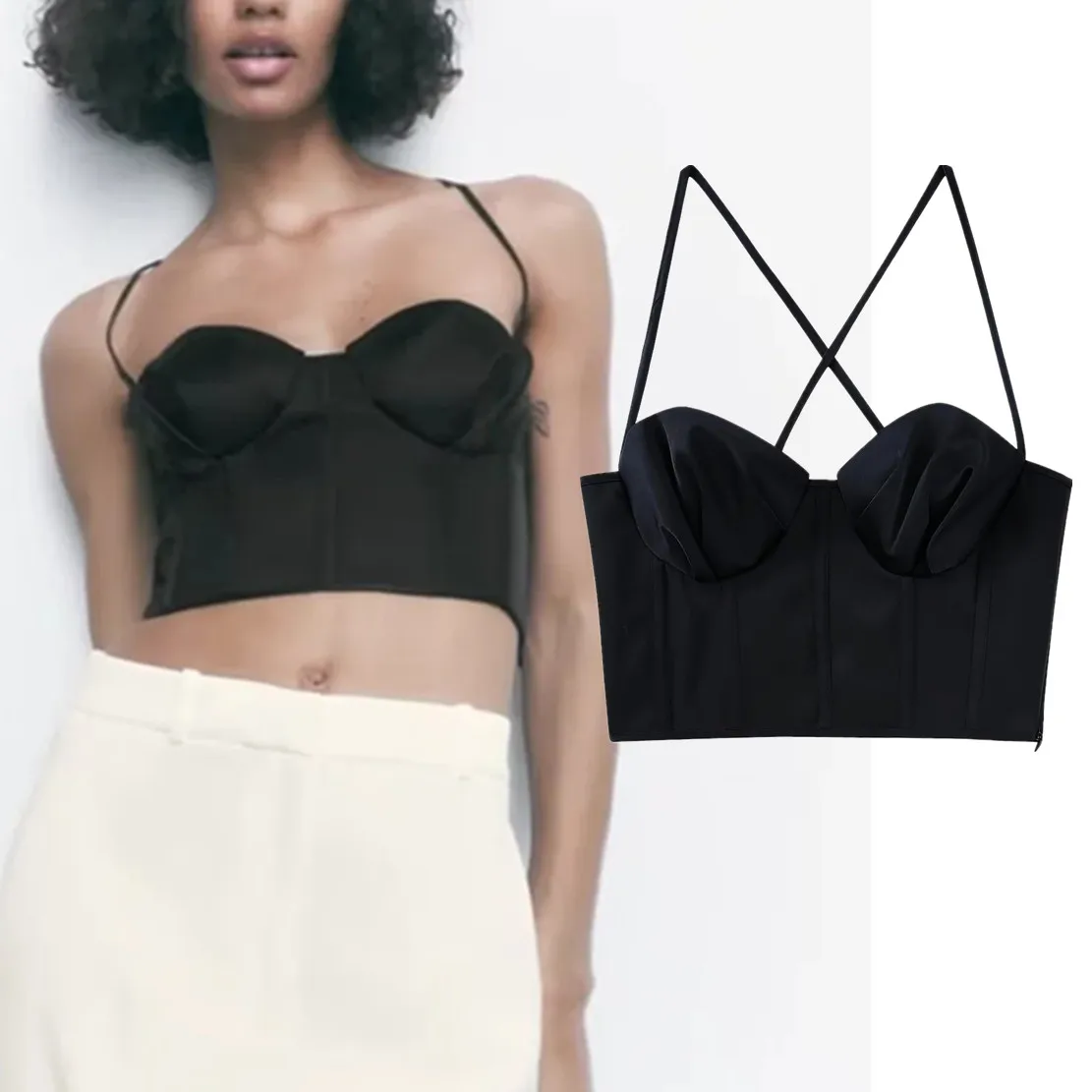 

Maxdutti Ins Blogger High Street Fashion Tshirts Sexy Camisole Splicing Sheath Short Tops Black Tshirts Women