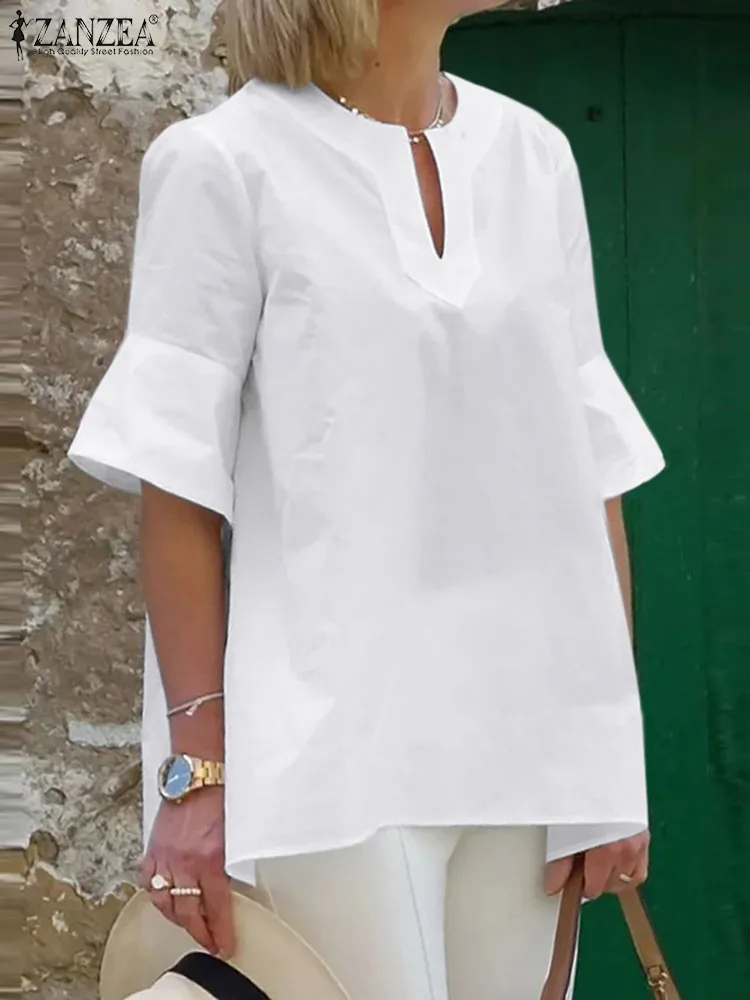 

Блузка ZANZEA женская с V-образным вырезом, винтажная Повседневная Туника, топ с коротким рукавом, Рубашка свободного кроя, универсальная однотонная, лето 2023