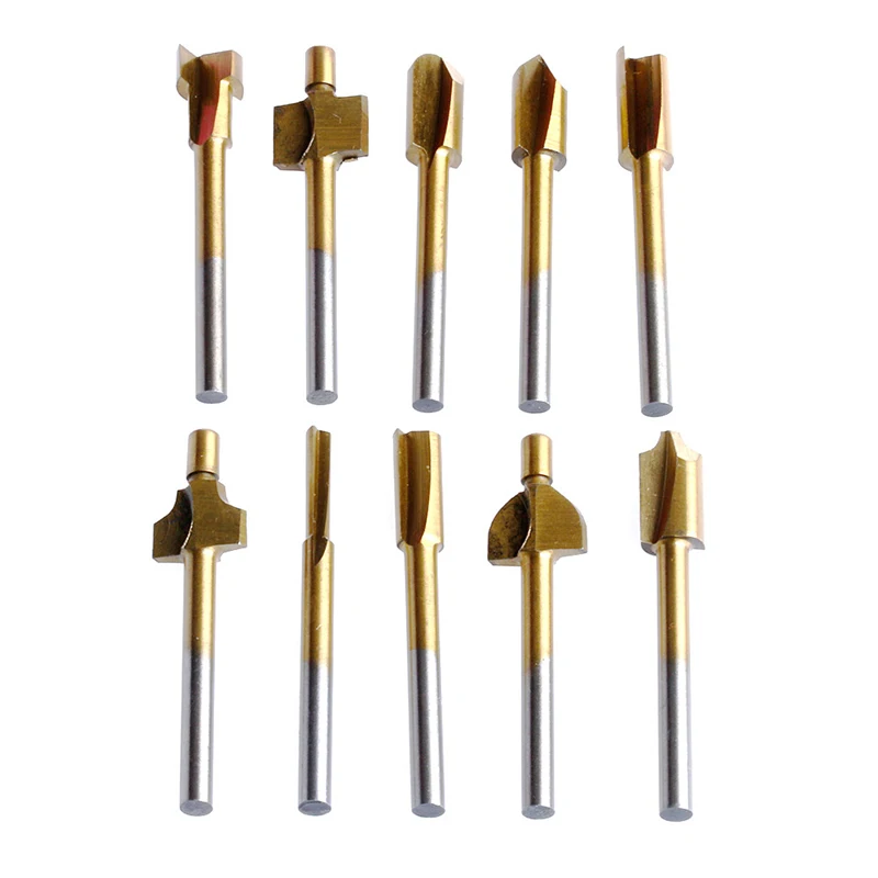 

10Pcs Titanium Mini Hss Router Bits Trimmer Shank 1/8" 3mm Fr Rotary Tool