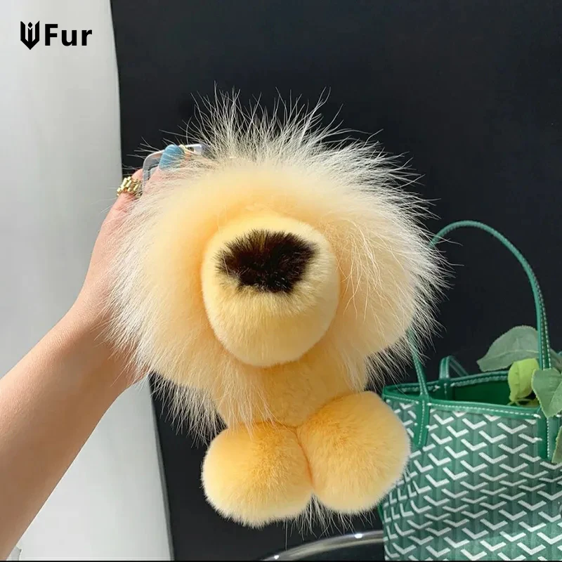 

Cute Lion Real Rex Rabbit Fur Keychain Plush Toys Trinkets Women Bag Ornaments Pendant Car Keyring Rearview Mirror Decoration