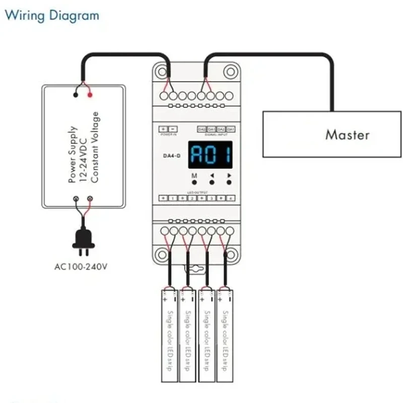 Диммер CV 12–24 В постоянного тока DA4-D (Din Rail) (DT6) 4Chx5a PMW Диммирование 4 X (60–120 Вт