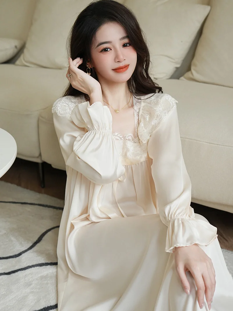 Women Lady French Victorian Silk Vintage Night Dress Sleepwear Fairy Pajama Loose Lace Square Collar Ruffles Princess Nightgowns