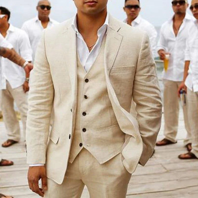 2022 Summer Beach Linen Male Suit For Wedding 3 Piece Casual Men Blazer Costume Homme Light Beige Terno Masculino Custom Made