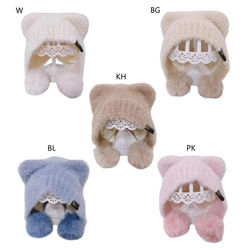 

57EE Cat Ear Baby Cap Solid Color Plush Balls Boys Girls Bonnet Headwear