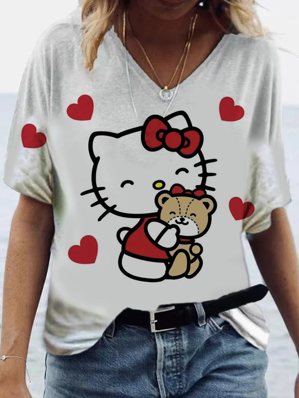 

New Women's T Shirt Summer Harajuku Hello Kitty T Shirt Cotton T Shirt Casual Loose O Neck T Shirt Kawaii Girls