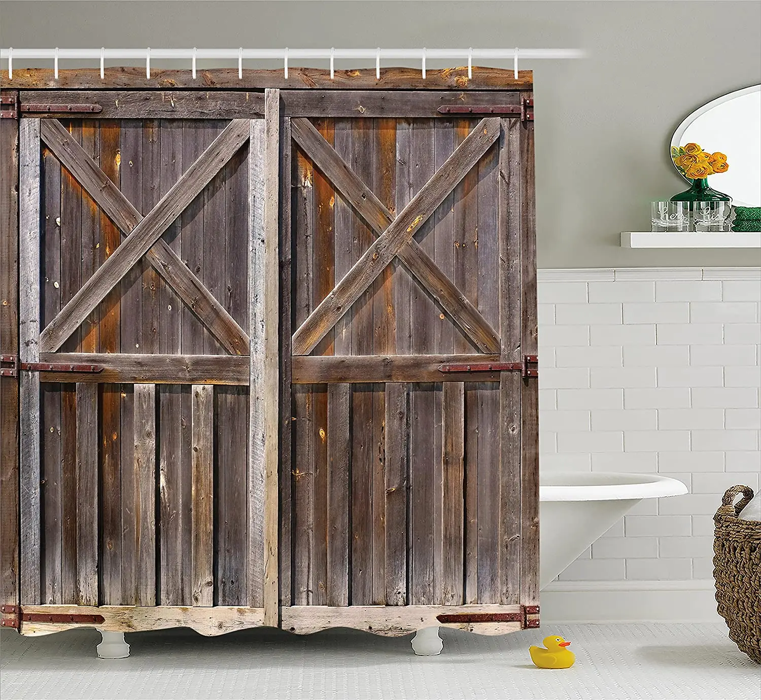 

Занавеска для душа в деревенском стиле, старая деревянная дверь сарая из деревенского дуба, деревенская Сельская жизнь, Фотопечать, ткань F