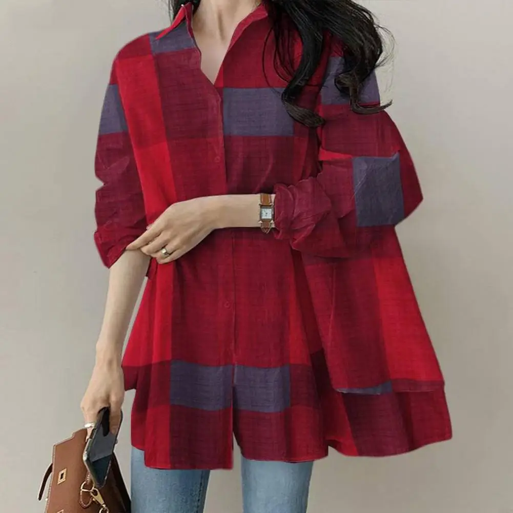 

Comfortable Women Top Stylish Colorblock Cardigan Trendy Women's Loose-fit Spring/fall Shirt Blouse with Turn-down Collar
