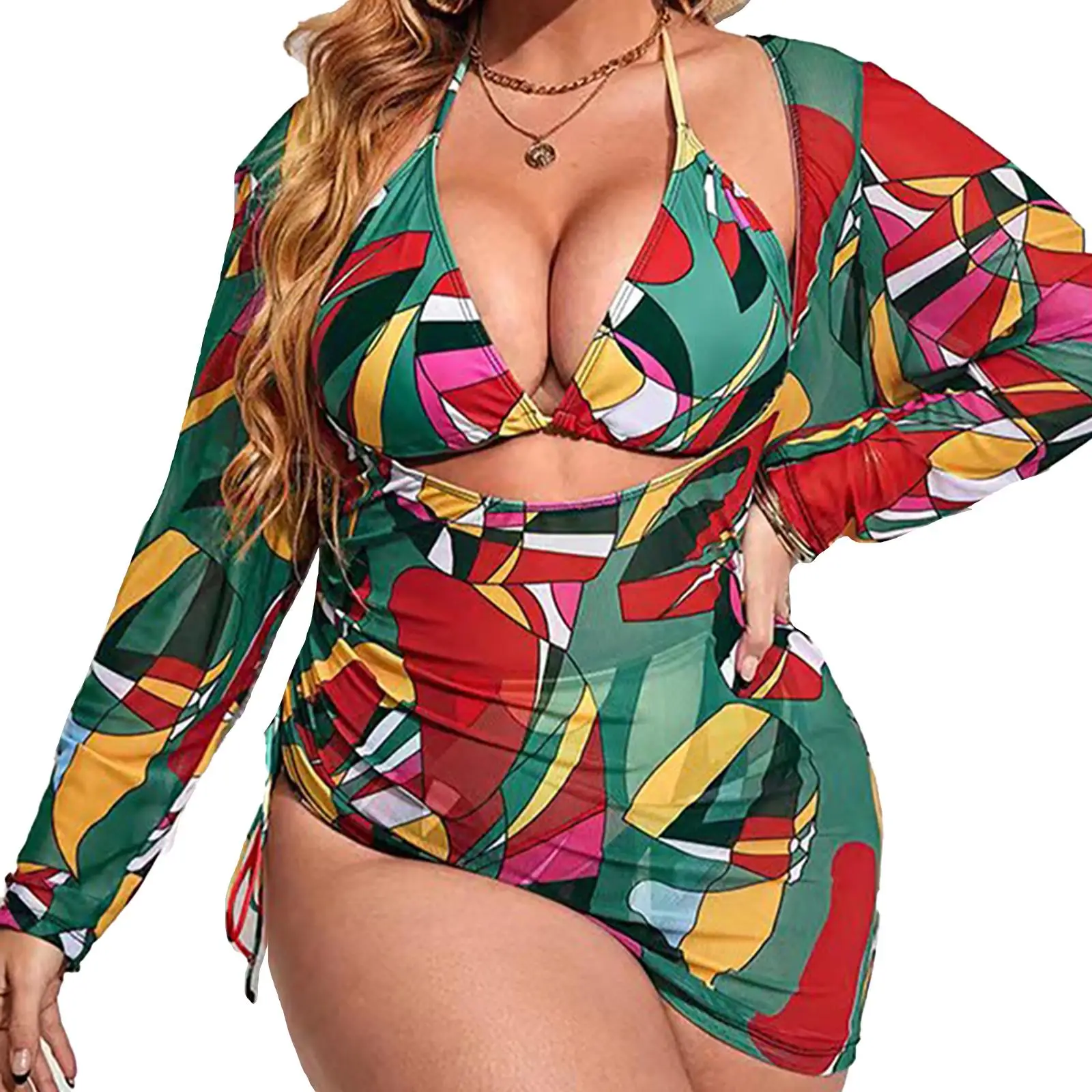 

Swimwear Women Plus Size 3Piece Swimsuit Color Matching Halter Bikini Set With Cover Up High Waist Beachwear Bathing Suit