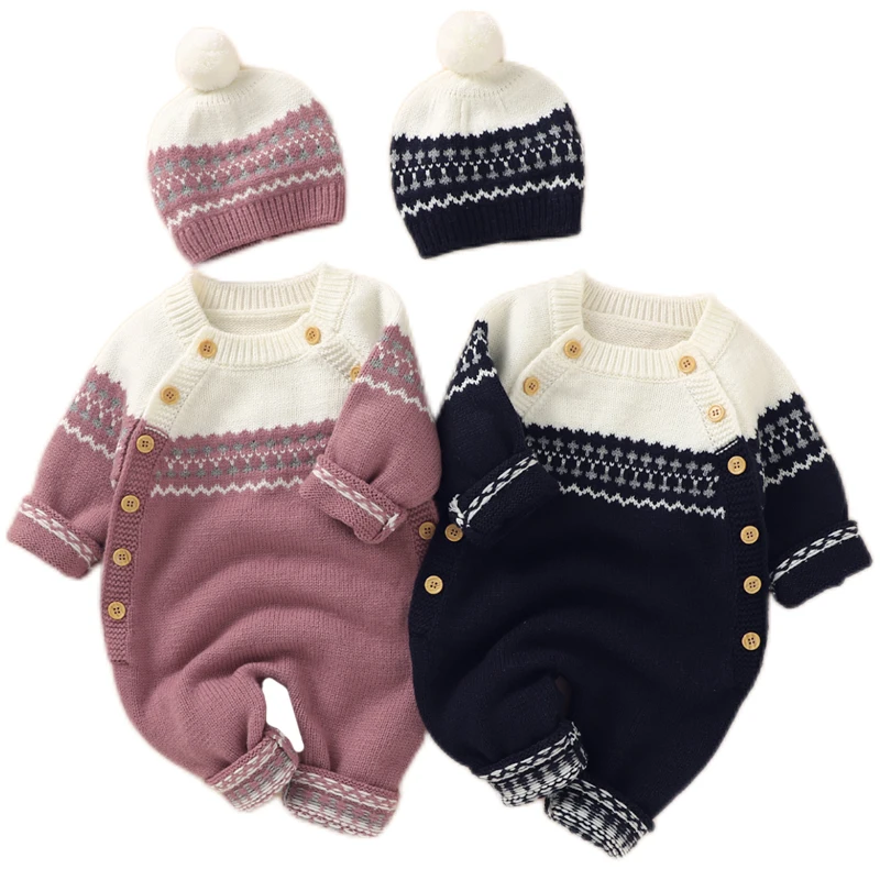 2022 Baby Rompers Knitted Print Pattern Newborn Boy Girl Jumpsuits Cap Outfit Set Autumn Winter Toddler Infant Overall Clothes