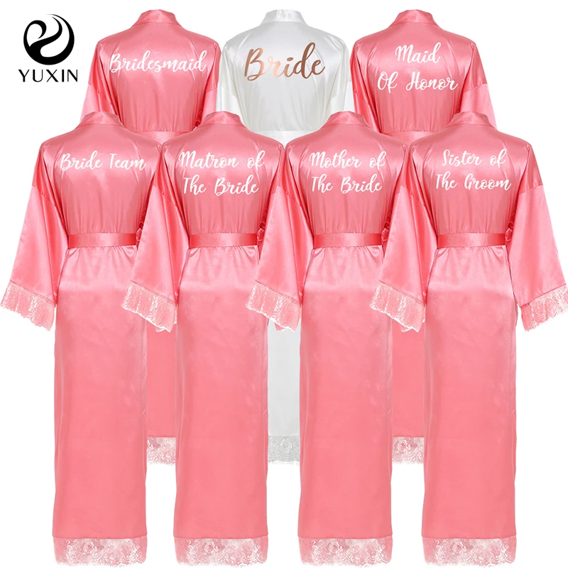 

New Long Silk Robes Satin Lace Robe Coral Red Robes Customized Bride Team Robes Spring Mariage Wedding Morning Robe