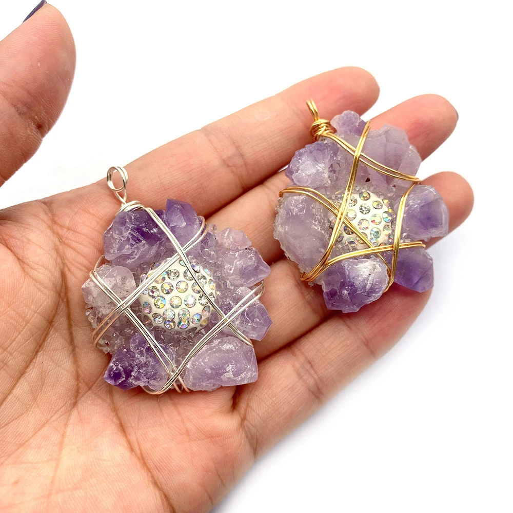 

Natural Stone Irregular Amethyst Pendant 30-47mm Inlaid Rhinestone Winding Charm Fashion DIY Necklace Earrings Jewelry Accessory