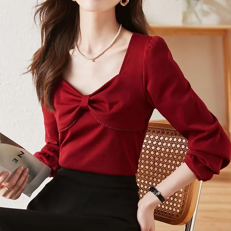 Новая женская блузка с длинным рукавом и бантом квадратным воротником рубашка