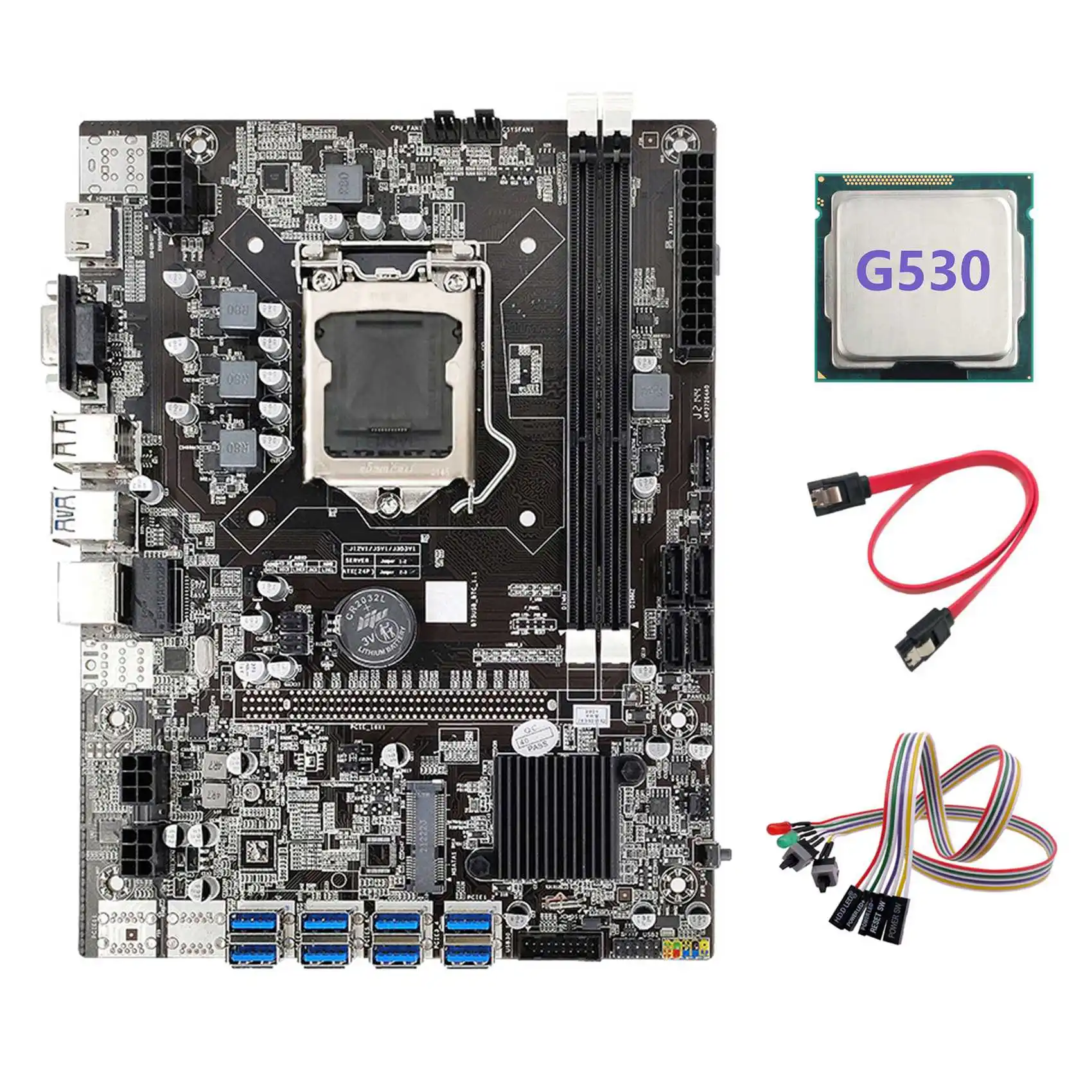 

B75 ETH Mining Motherboard 8XPCIE to USB+G530 CPU+Dual Switch Cable with Light+SATA Cable LGA1155 Miner Motherboard