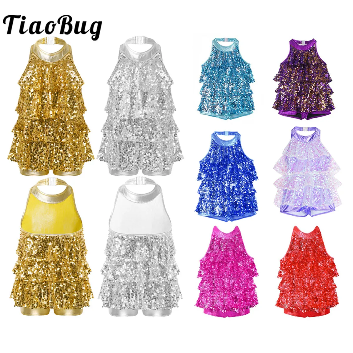 

Sequins Halter Ballet Latin Jazz Dance Shorty Unitard Leotard Bodysuit Jumpsuit Kid Girls Sparkling Stage Performance Outfit