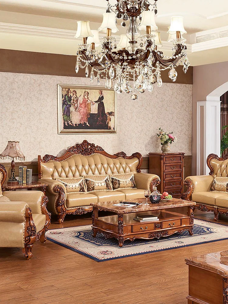 

European style leather sofa 123 combination American style solid wood suite villa first floor cowhide living room luxury retro