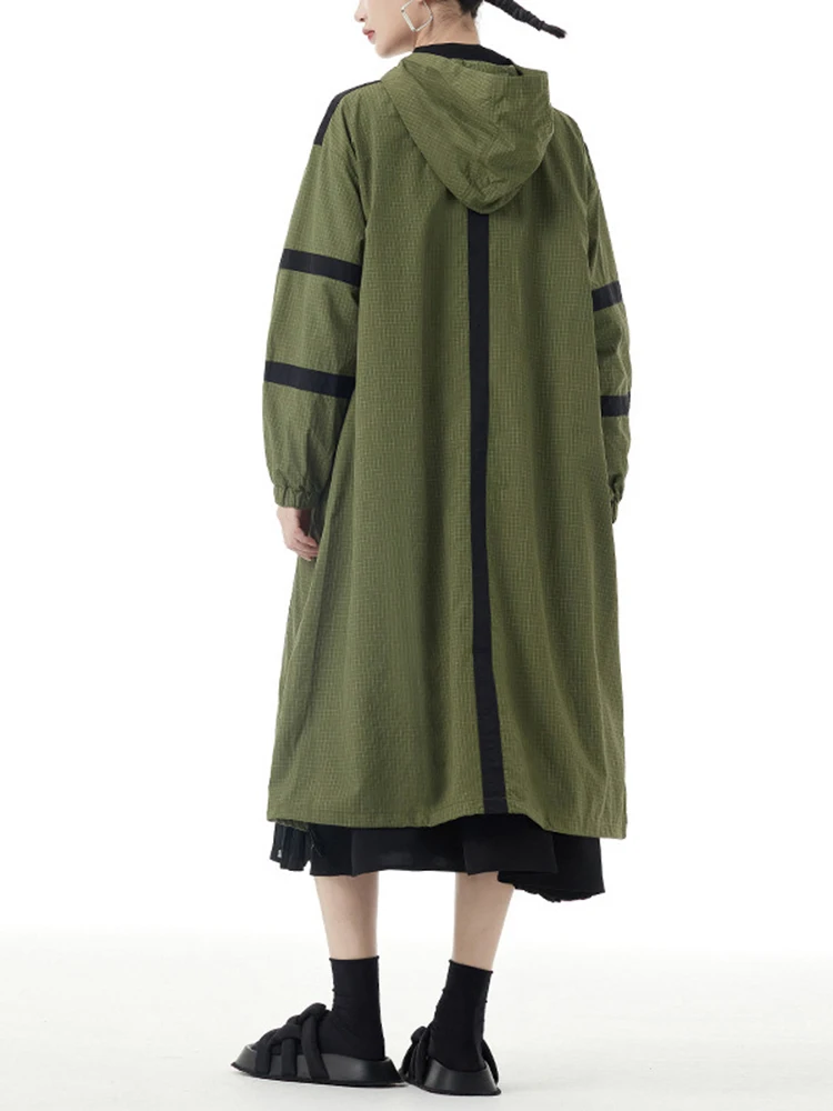 ] damska zieleń wojskowa duży rozmiar trencz nowa wiatrówka z kapturem i długim rękawem na zamek moda fala wiosna jesień 2024 1DH5163