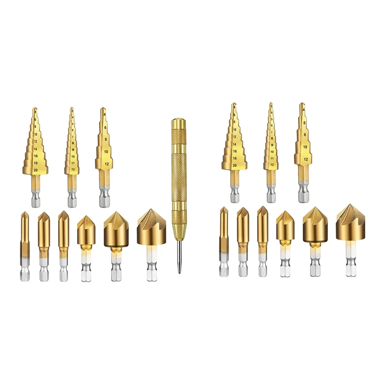 

Step Drill Bit Set 1/4 Inch Hex Shank 5 Flute Counter Sink Drill Bit Set With Automatic Spring Loaded Center Punch