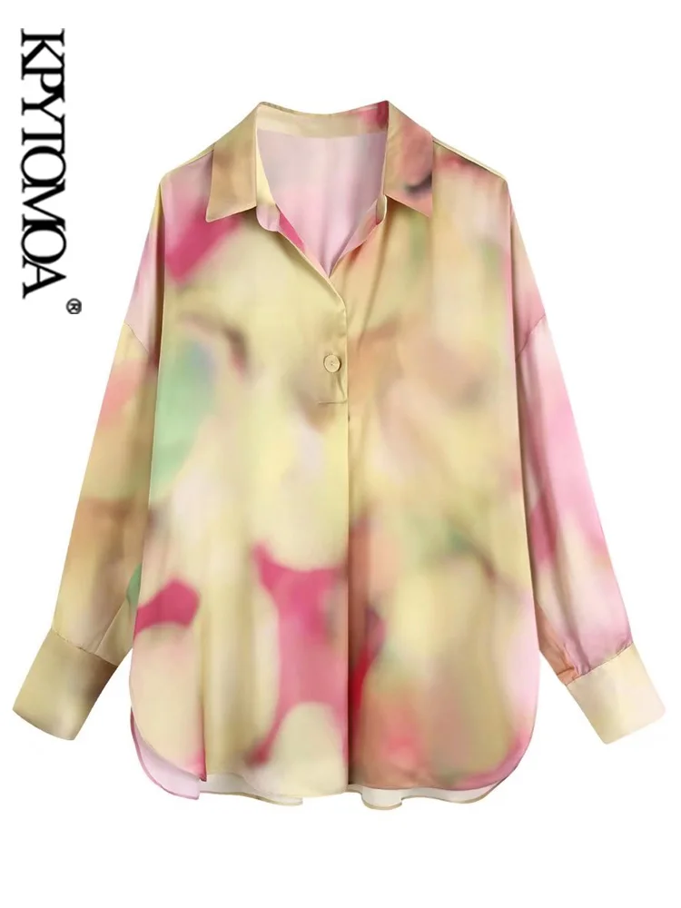 

KPYTOMOA Women Fashion Tie-dye Print Loose Cozy Blouses Vintage Long Sleeve Asymmetric Split Hem Female Shirts Blusas Chic Tops