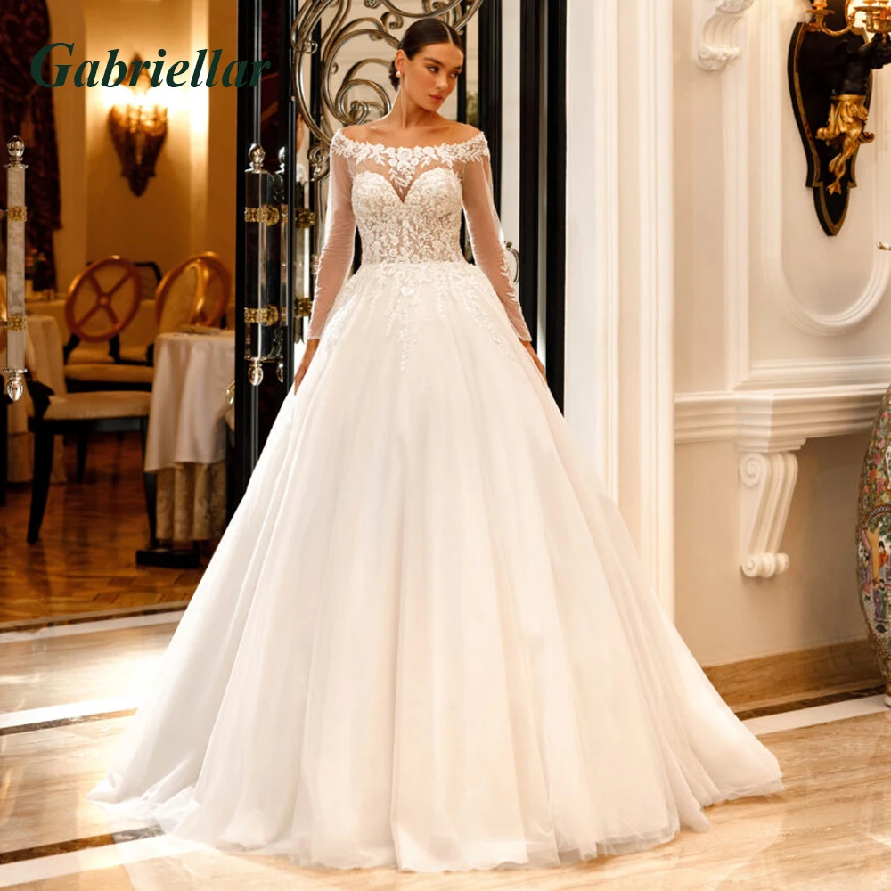 

Женское свадебное платье с вырезом лодочкой, длинным рукавом и аппликацией