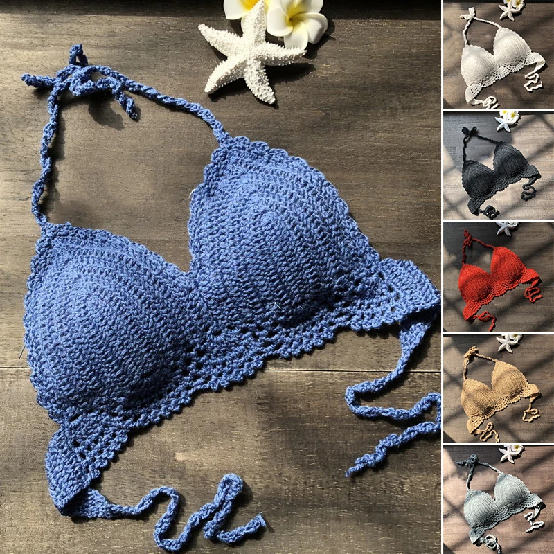 

New Sexy Bikini Crop Top Women Crochet Boho Beach Camisoles Bikini Bralette Halter Cami Knitted Bra Backless Beachwear Tank Top