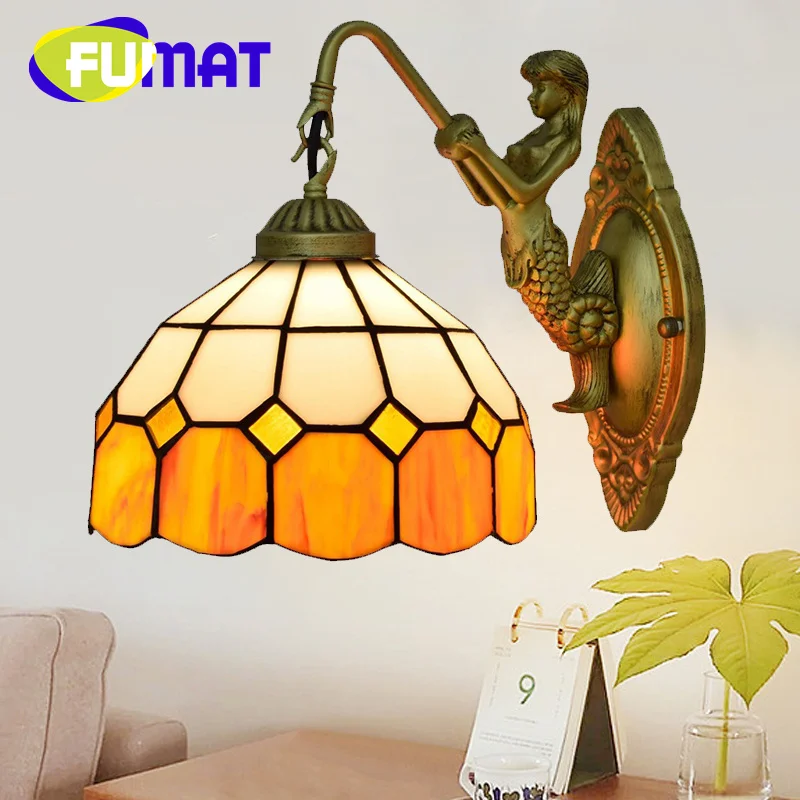 

FUMAT Тиффани стиль ретро витраж Русалка желтая решетка средиземноморская настенная лампа для столовой спальни кровати коридора Декор