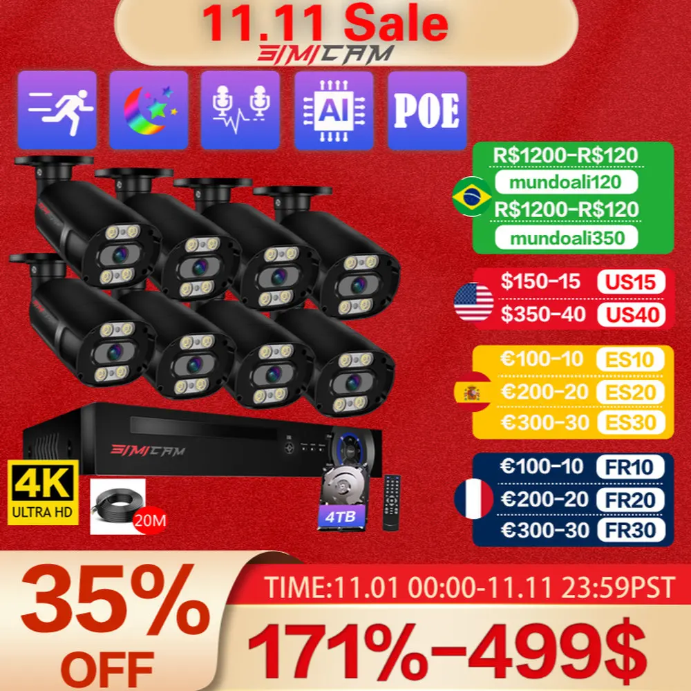 Купить SIMICAM 4K система видеонаблюдения Ultra 8MP POE NVR Kit металлическая уличная Водонепроницаемая Аудио Цветная камера ночного видения CCTV