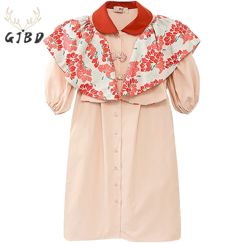 

Women Pink Dress Polo Collar Ruffle Patchwork Short Sleeve Casual Fashion Vintage High Waist Baggy Short Skirt Ladies Summer