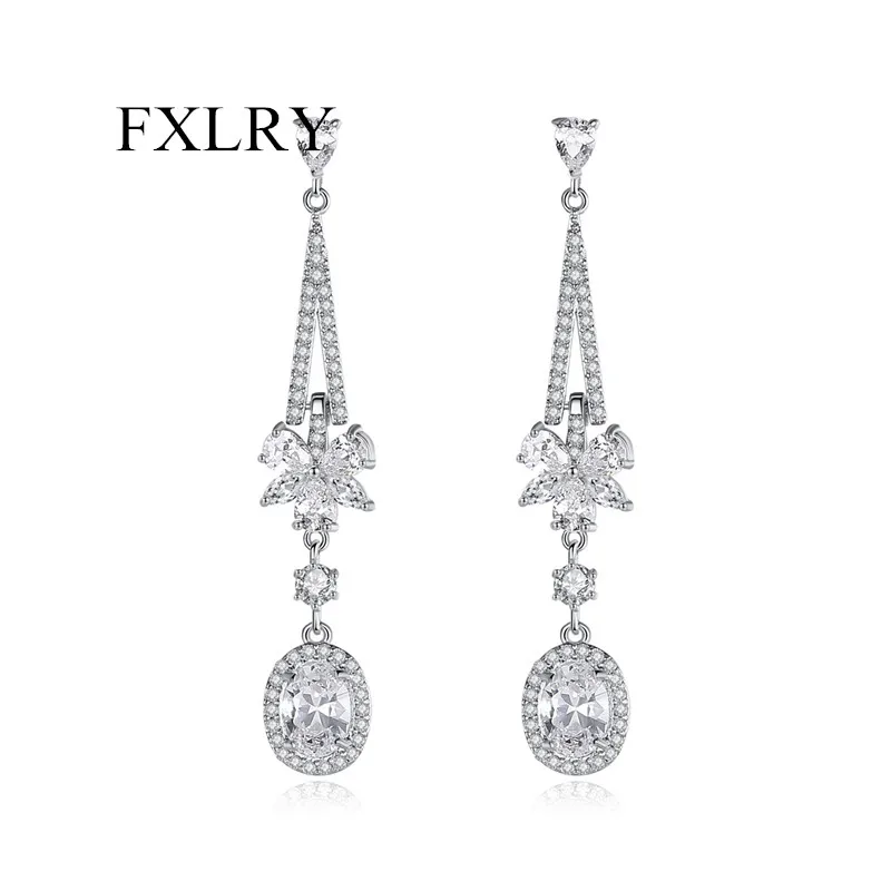 

FXLRY Elegant White Cubic Zircon Shining Flower Shape Long Dangle Drop Earrings For Women Party Wedding Jewelry