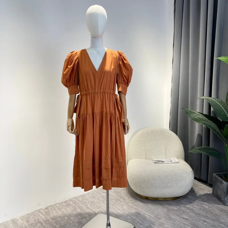 

New Top Quality 2022 Original Designer Navy Blue Orange Short Puff Sleeve Waist Adjustable Casuale Midi Dresses for Women