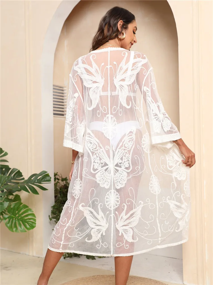 White Beach Dress Woman Mesh Bathing Suit Cover Ups for Ladies Cardigan Summer Tunics with Sleeve Embroidery Butterfly 2022 Robe |