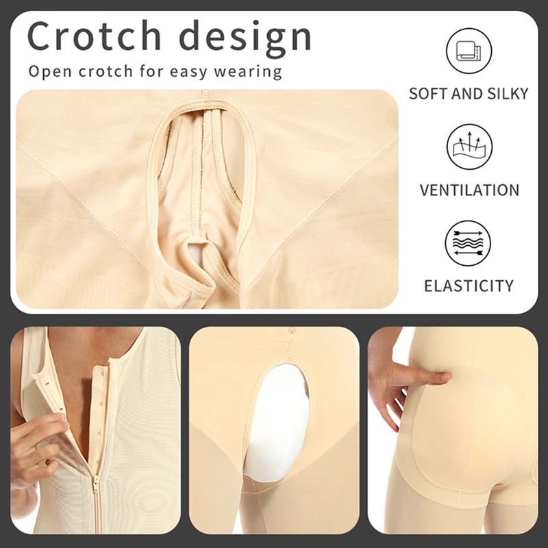 Men Shapewear with Butt Pads Bodysuit Tummy Control Full Body Shaper Compression Slimming Underwear Butt Lifter Open Crotch