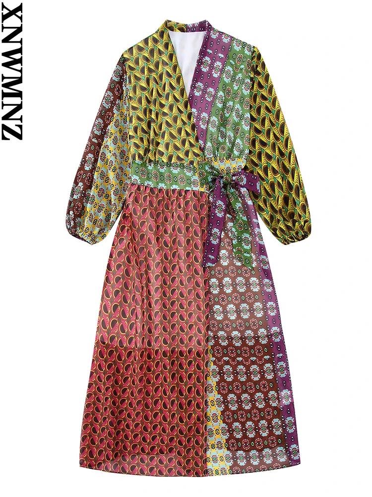 

XNWMNZ 2022 женское модное платье миди с завязками спереди и принтом, винтажное платье с рукавами три четверти и эластичными манжетами, женские п...