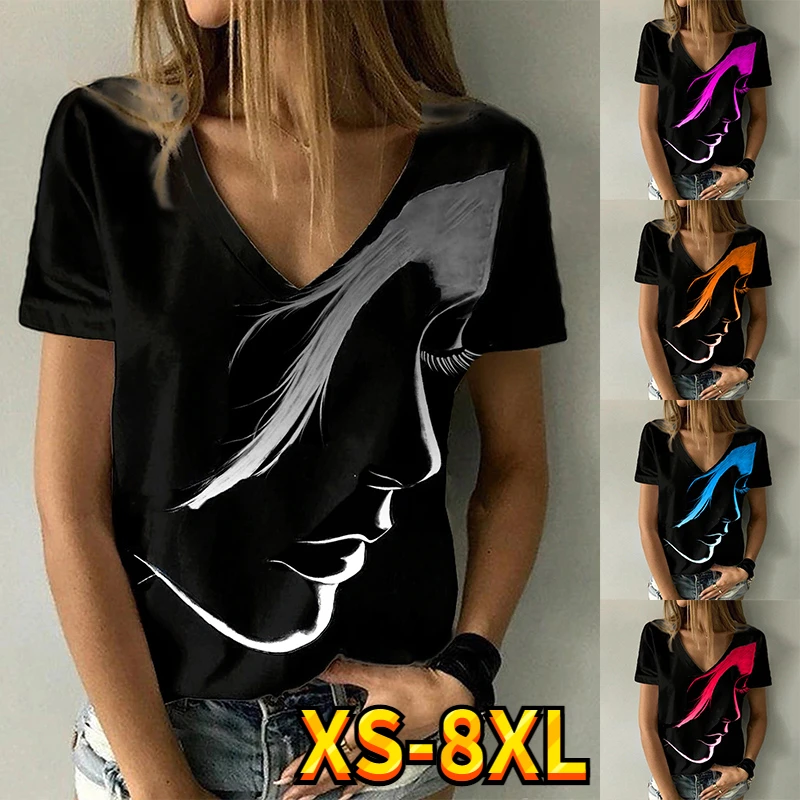 

2022 Summer Women Abstract Print Painting T-shirt Casual V Neck Tops New Female Casual Short Sleeves Loose Fational Shirts