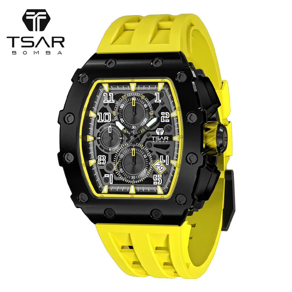 

TSAR BOMBA Mens Watc Tonneau Design Fashion Chronograph Japan Quartz Movement h Waterproof Luxury Wristwatch Businss Male Clock