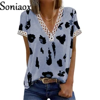 sexy v neck lace patchwork tshirts short sleeve women 2022 summer new loose casual tees fashion leopard print t shirt tops femme