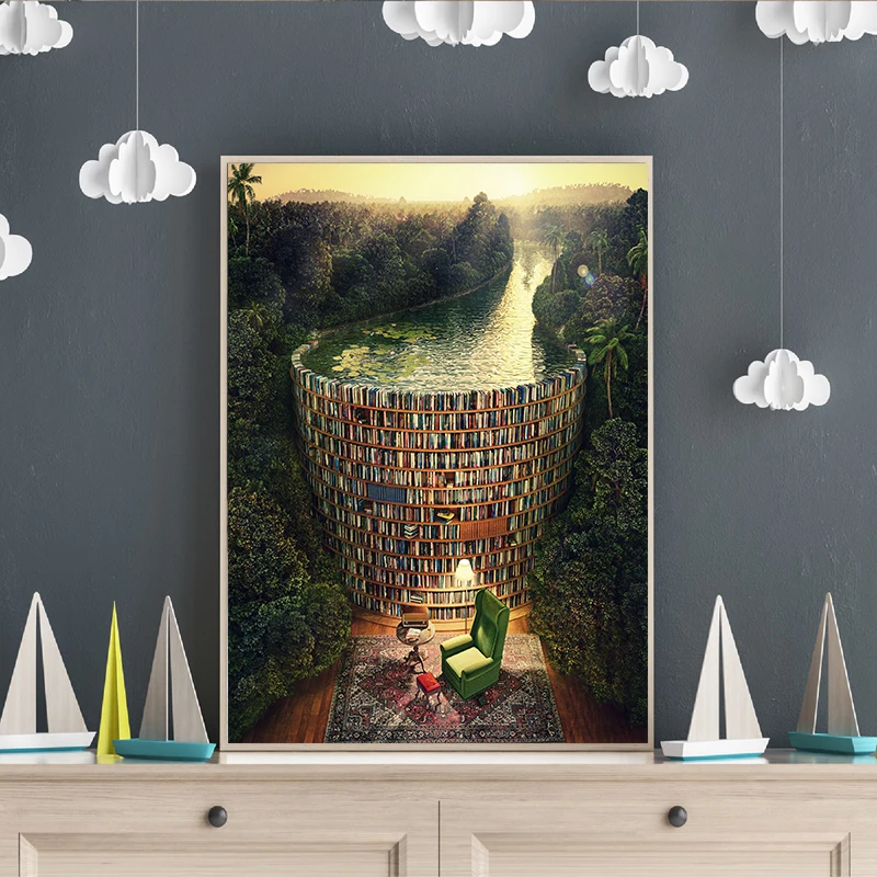 

Abstract Surreal Library Canvas Painting Modern Art Landscape Forest Posters and Prints Wall Art for Office Porch Decor Cuadros