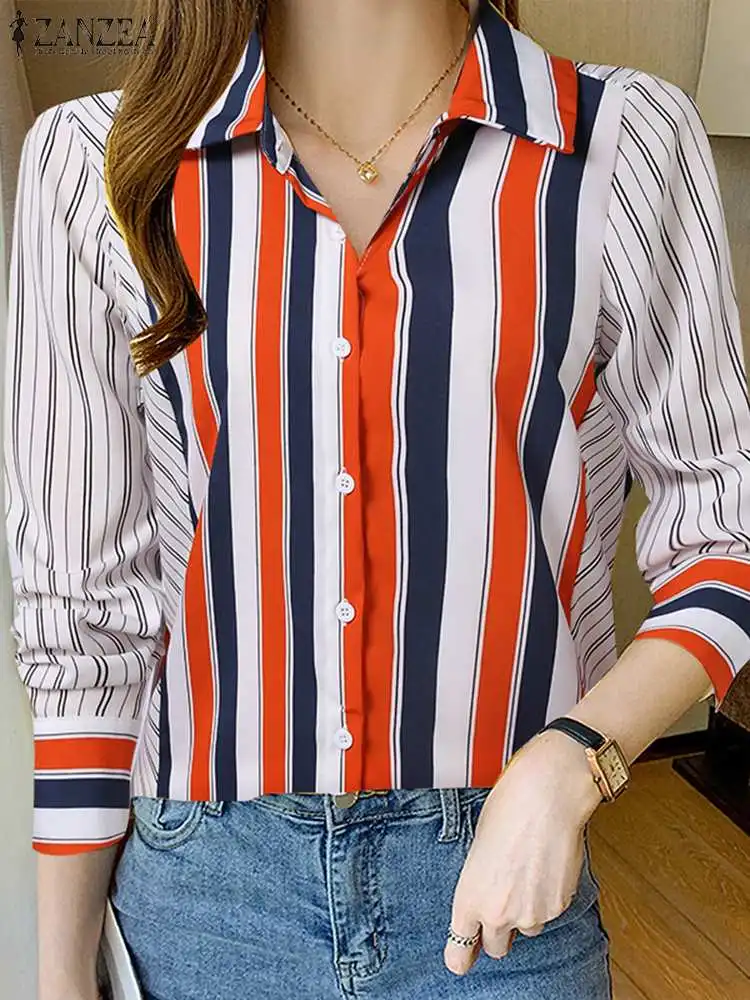 

ZANZEA Button Up Long Sleeve Blouses Korean Style Striped Women Casual Chemise Color Block Commuting Office Lady Lapel Shirts