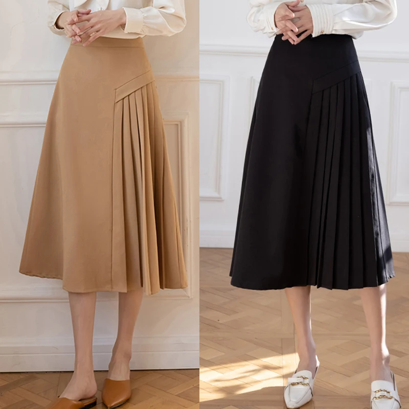 

Асимметричное коричневое платье, юбки, Весенняя Французская женская длинная Плиссированная юбка с высокой талией, a word