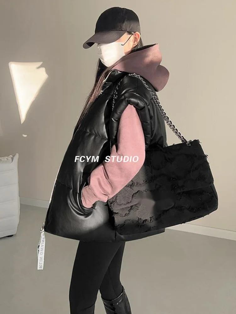 

Утепленный жилет из искусственной кожи 8Y3O для женщин, зимний теплый короткий жилет без рукавов, повседневный Свободный Топ