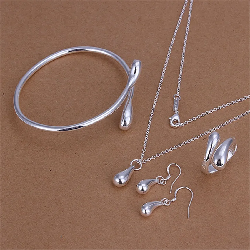 

Hot 925 Sterling Silver Water Droplets Pendant Bangle Bracelet Necklace Earrings Drop Rings Jewelry Set Women Fashion Party Gift