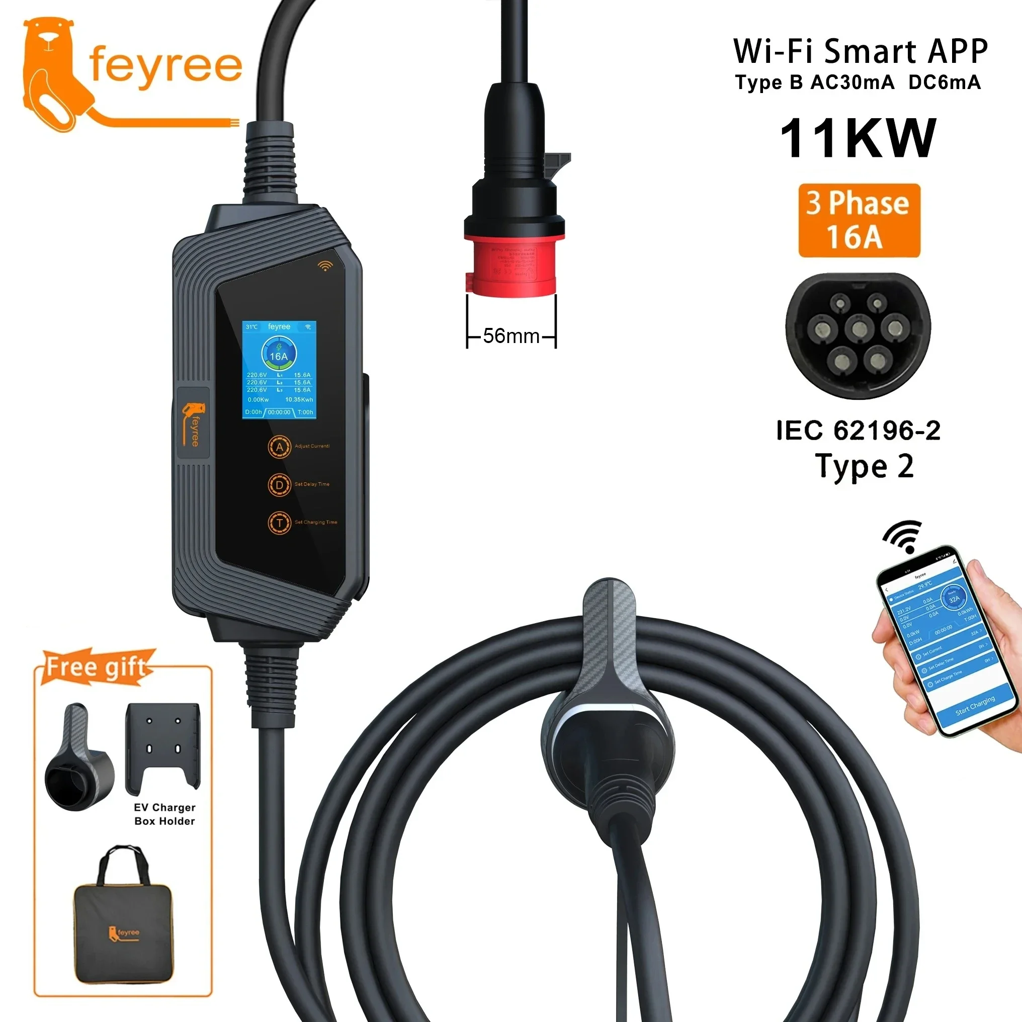 feyree Type2 Кабель Портативное зарядное устройство для электромобилей 11KW 16A 3P Автомобильное зарядное устройство Wi-Fi APP Control EVSE Зарядное устройство CEE Plug для электромобиля