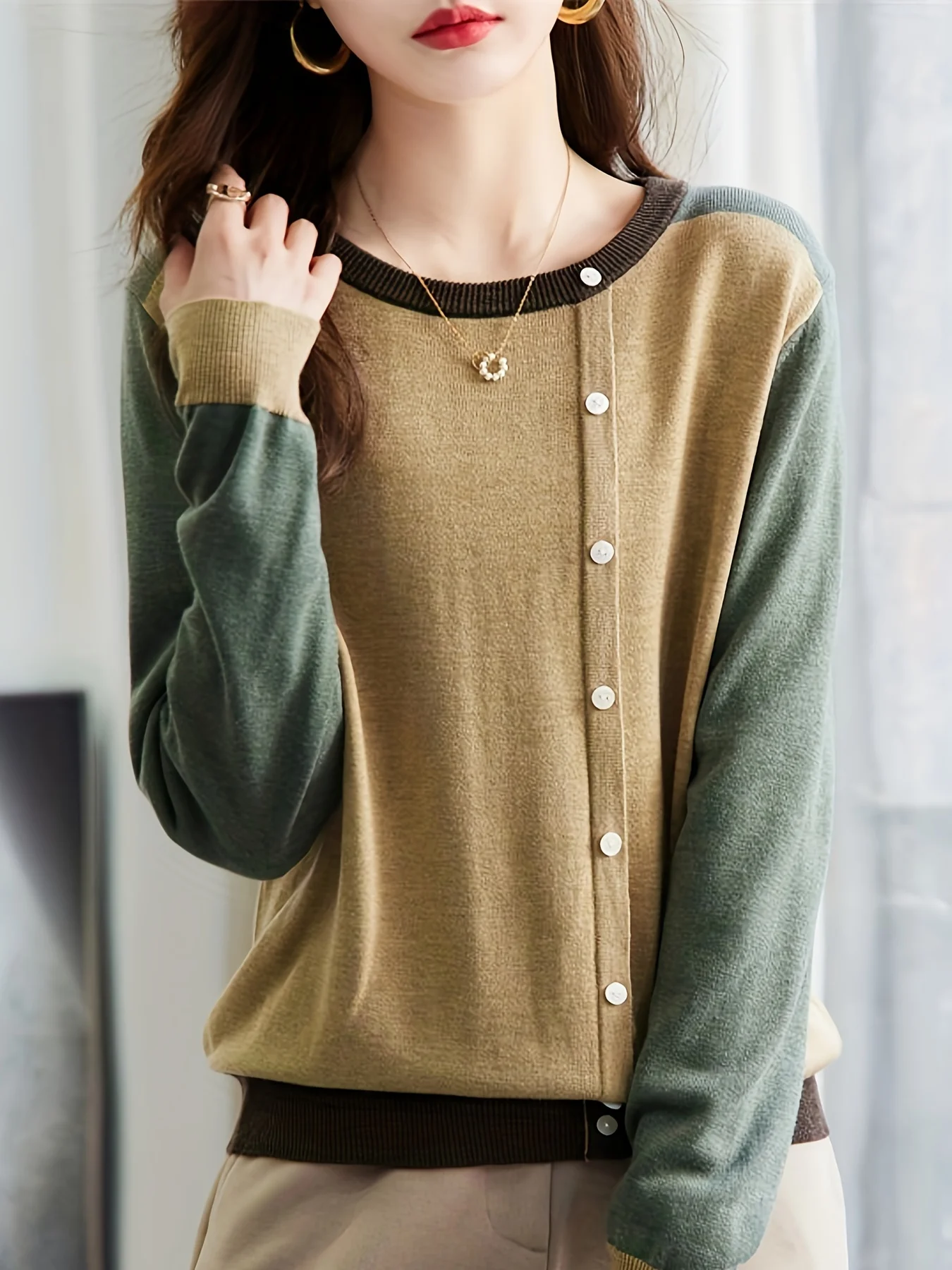 Женский Повседневный Вязаный Свитер С Длинными Рукавами И Круглым Вырезом