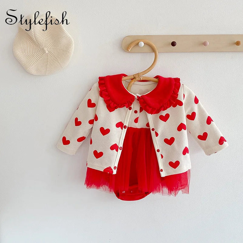 2022 baby winter clothing 0-2 years old baby girl's love suit cardigan coat + baby's coat crawling suit two-piece suit