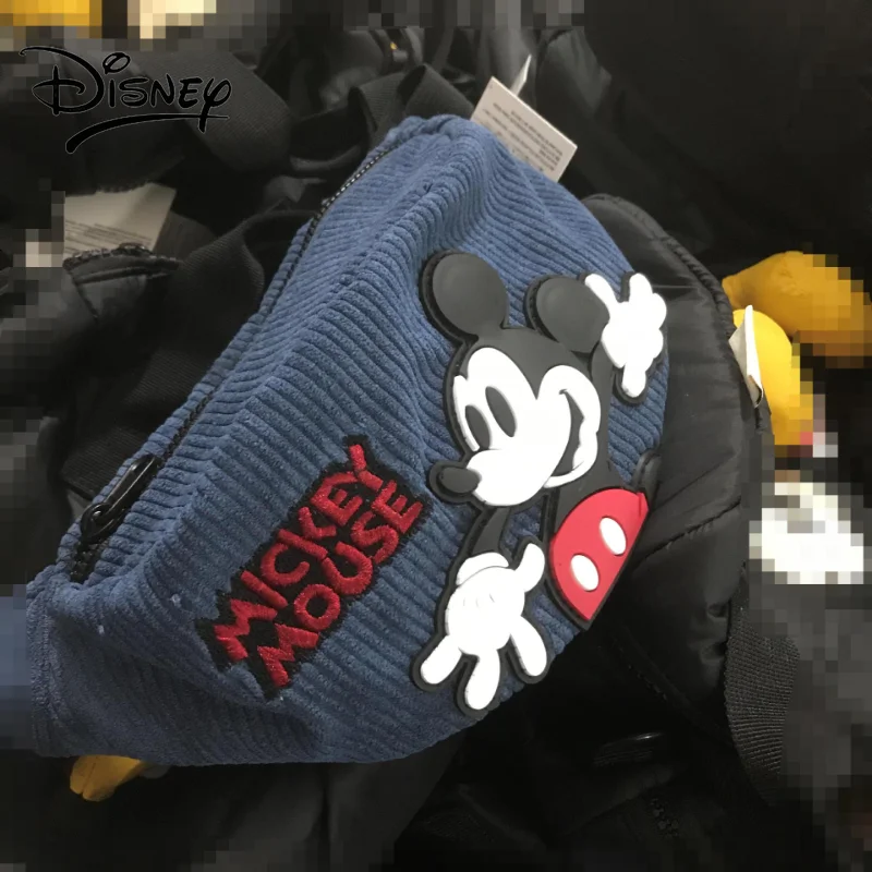 Disney Fanny Pack Blue Mickey Mouse Embroidered Plastic Avatar Corduroy Fabric for Children