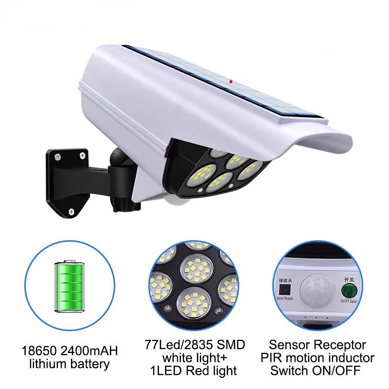 Solar Security Lights Outdoor Dummy Camera Wireless 77LEDs Spot Lights 3 Modes Motion Sensor Solar Lamp for Garden Home Park
