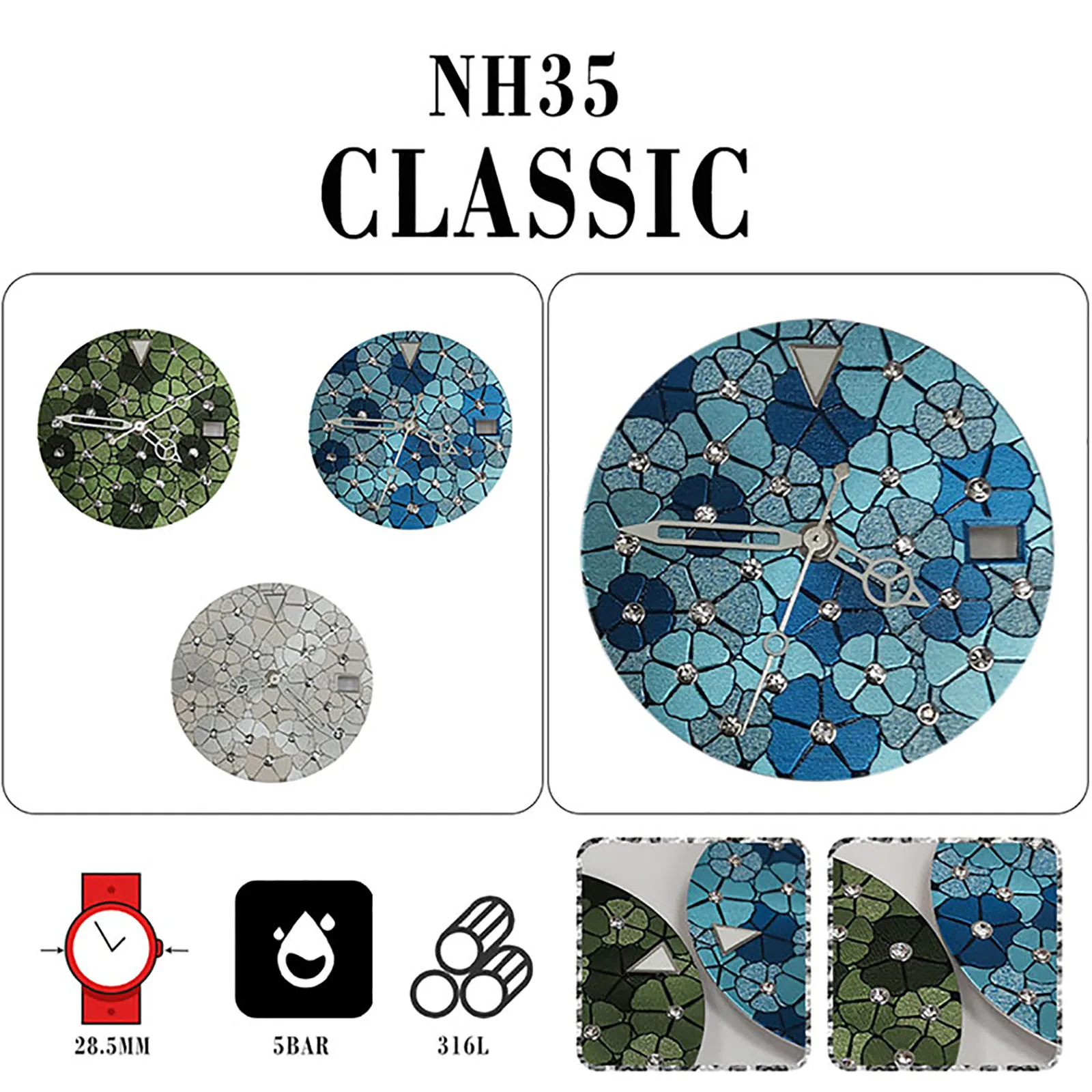 

28.5mm Green Luminous Dials for NH35/NH36/4R/7S Movement Flower Pattern Watch Dial With Watch Pointer Modified Parts