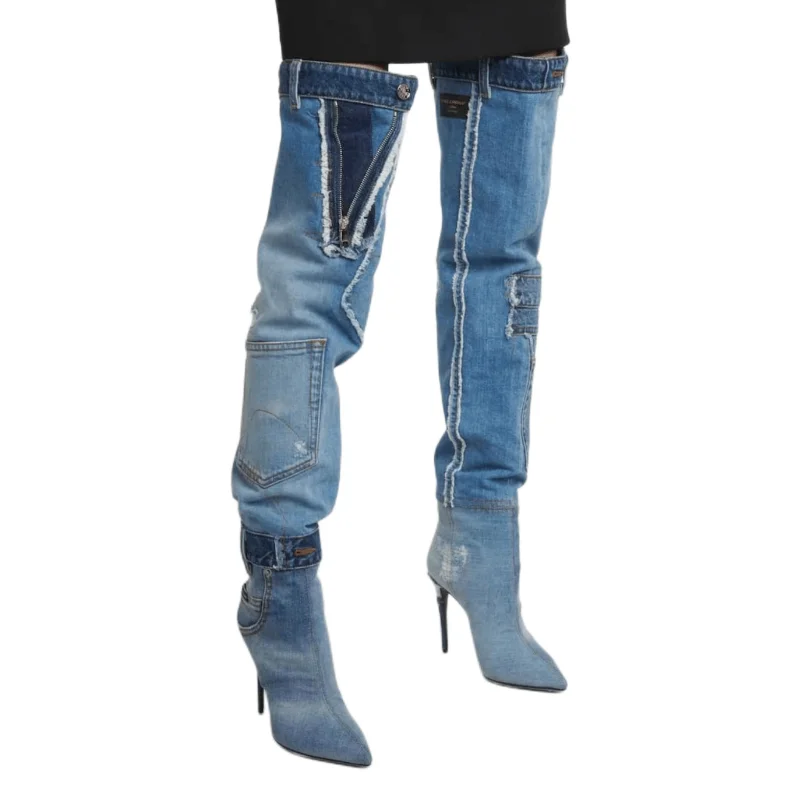 

New Women's Washed Blue High Cowboy Boot Pointed Toe Slim High Heel Spice Girl Pocket Spliced Over Knee Boots Women Shoes