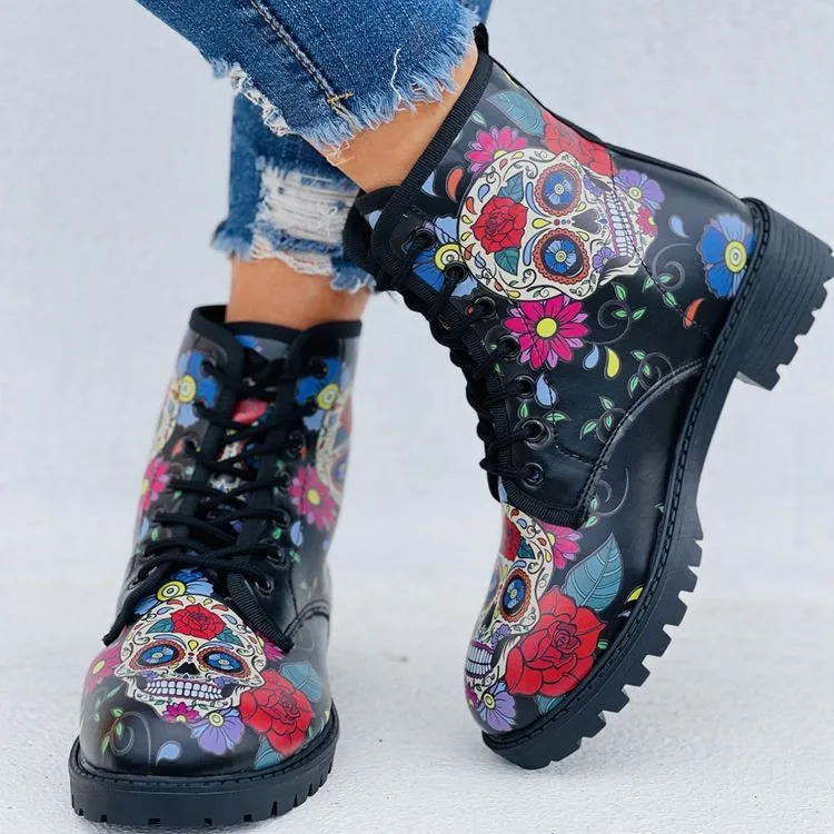 

2022 Women's Ankle Boots Low Heels Shoes Woman Vintage Warm High-top Snow Boots Motorcycle Skull Pansy Zapatos De Mujer