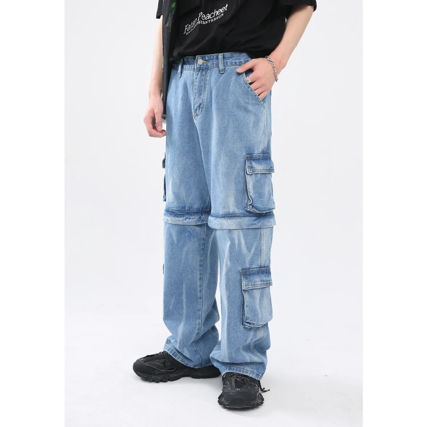 

DUEWEER Men's Korean Fashion Tie Dye Detachable Workwear Jeans Straight Cargo Denim Pants Shorts Baggy Black Trousers Streetwear